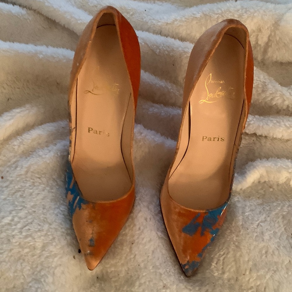 Christian Louboutin orange and multi color suede high heels